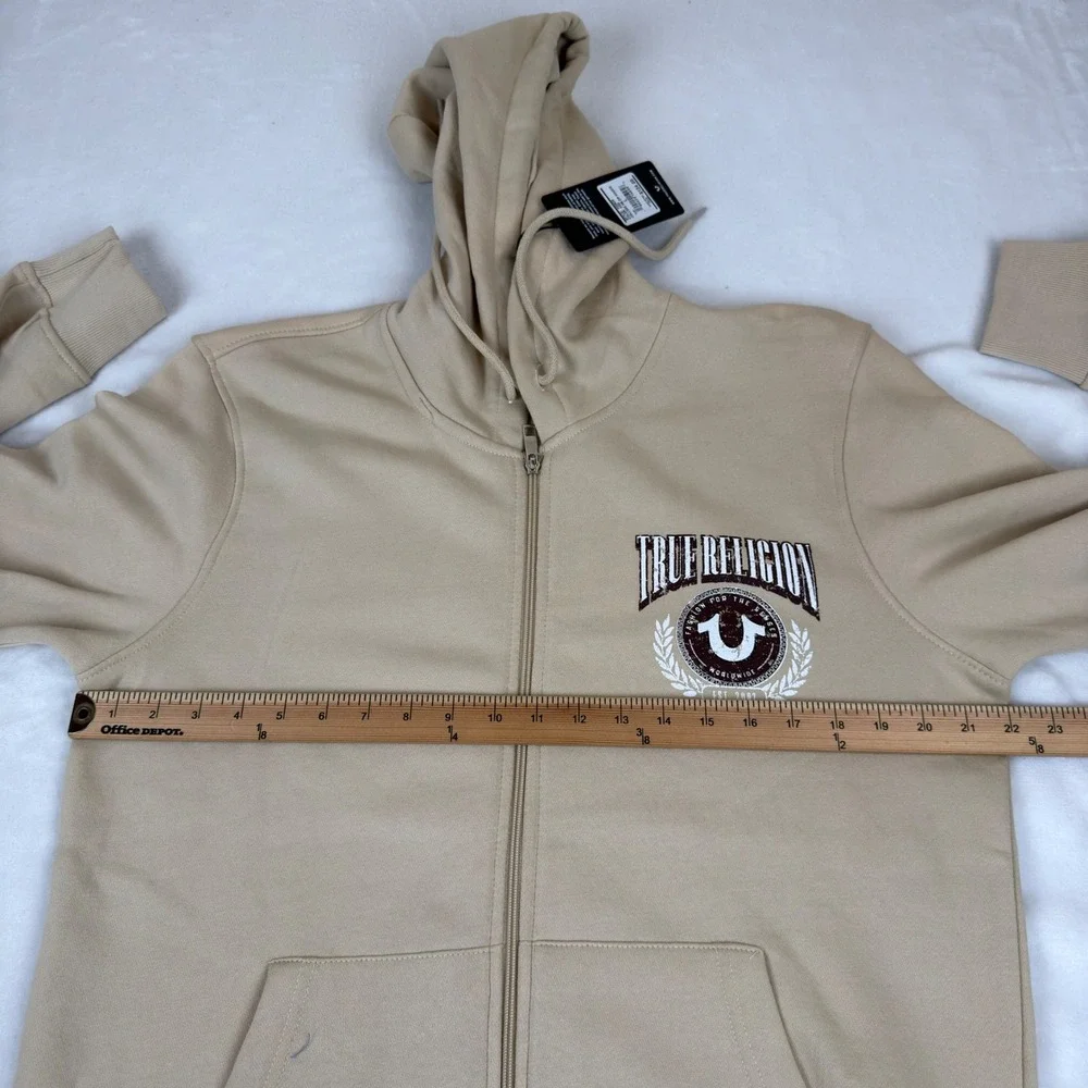 True Religion Mens College HS Zip Hoodie Fog Beige Graphic Sweatshirt Large 44